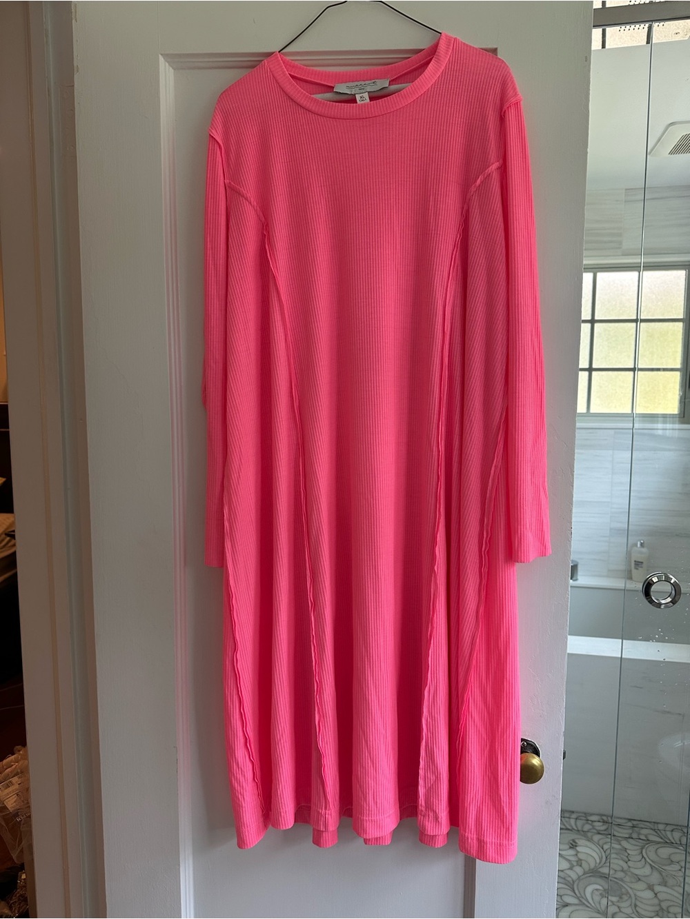 Women’s Long Sleeve Pink Ribbed Midi Dress